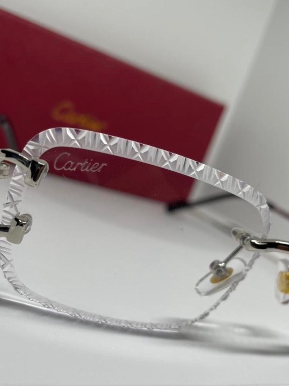 Cartier men's Clear Textured Rim Rimless Glasses with Silver Hardware